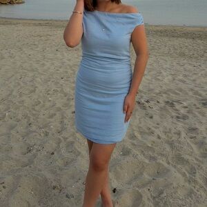 Off-Shoulder Light Blue Women's Dress dynamite linen